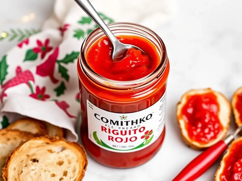 A jar of Spread de Pimiento Rojo with a spoon, placed next to crusty bread slices and a festive napkin, highlighting its vibrant color and inviting texture for holiday appetizers.