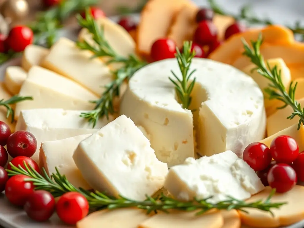 A beautifully arranged platter featuring Queso Blanco Fresco, surrounded by festive decorations like cranberries and rosemary sprigs, showcasing its creamy texture and inviting appearance for holiday gatherings.