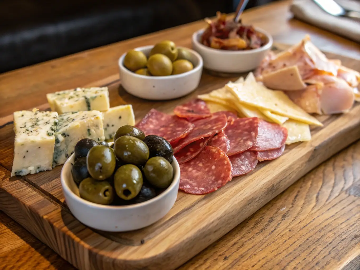 A rustic wooden board featuring Aceitunas Rellenas de Queso, garnished with a sprig of thyme and a small bowl of olive oil, emphasizing their savory flavor and artisanal presentation for holiday snacking.
